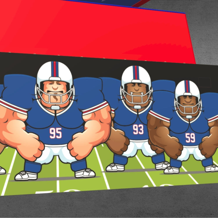 Close up of side panel of rental showing illustrated football players in blue uniforms on a field.
