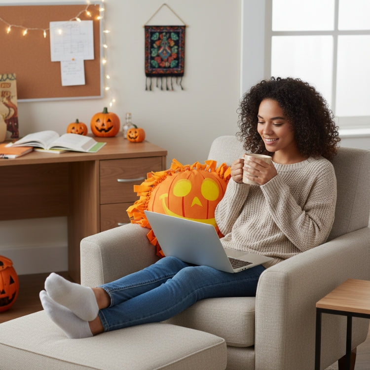 DIY Plush Pumpkin Pillow in Dorm Room