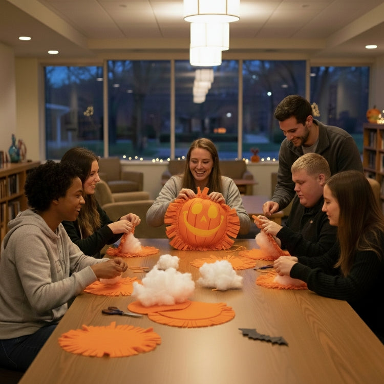 College Students Stuffing Plush Pumpkin Pillows at Event