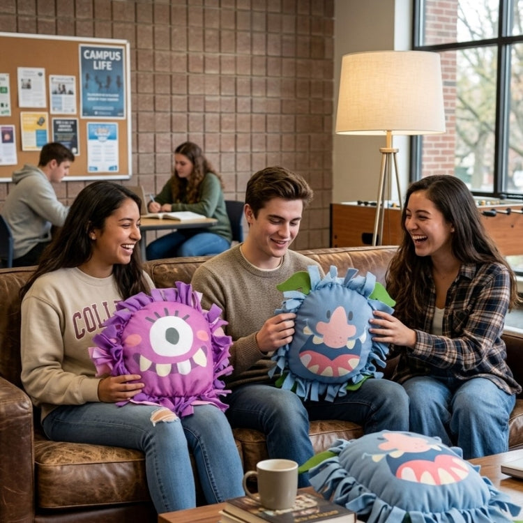 Three college students sitting on a brown leather couch in a cozy, brick-walled lounge room on a college campus, laughing while holding colorful monster-shaped fleece-tie plush pillows. The pillows feature ruffled edges and cartoonish monster faces in purple, blue, and pink.