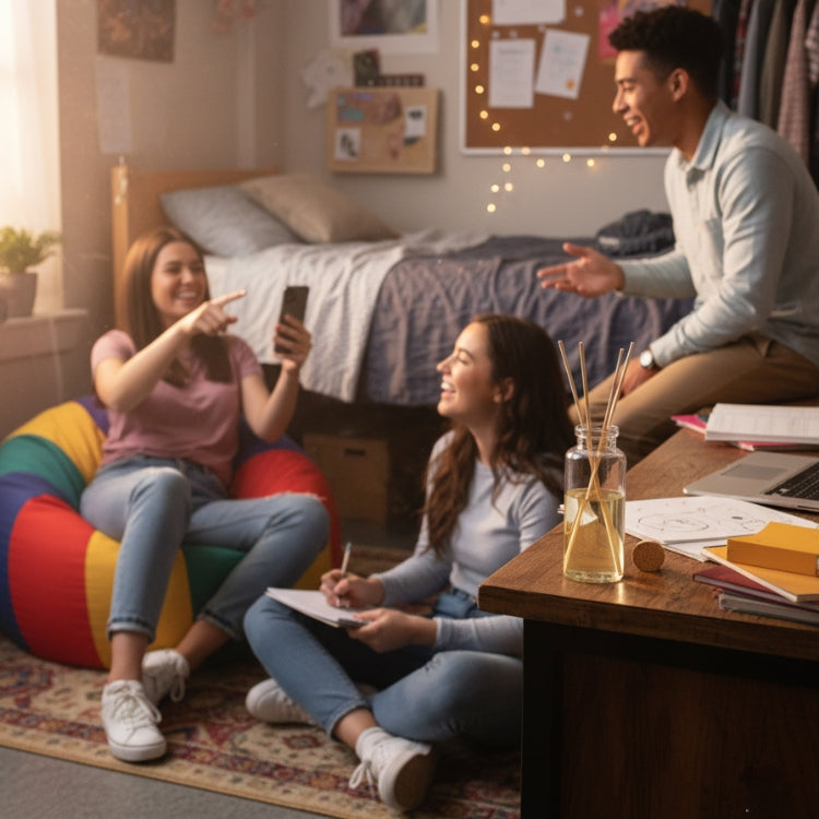DIY Reed Diffuser in Foreground of College Dorm Room with Three Students Hanging Out