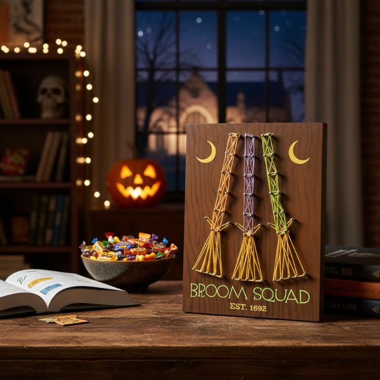 String Art DIY on Display in College Dorm Room During Halloween