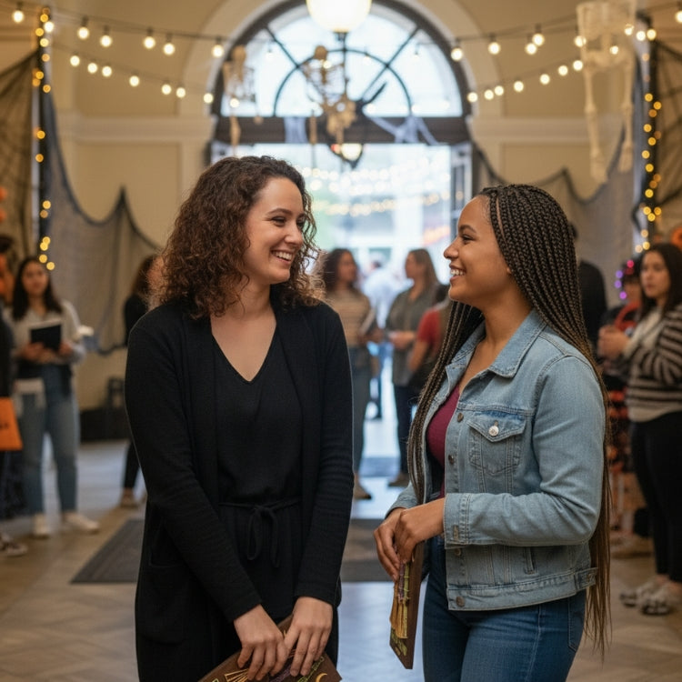Two College Students Laughing While Holding Their Completed Halloween Themed String Art Crafts