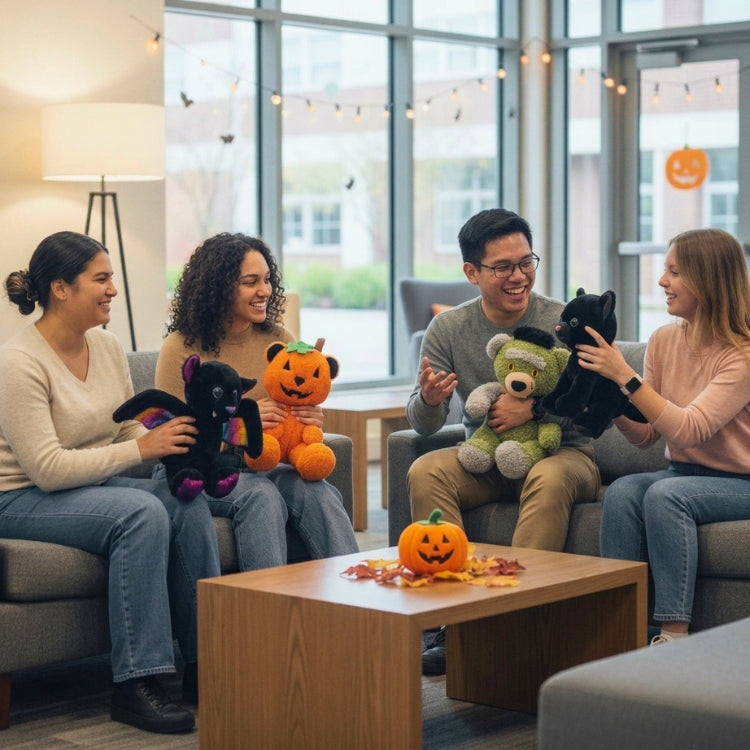 Four college students in a campus lounge holding Halloween-themed plush animals.