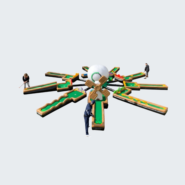 Three people playing mini golf on large 9-hole miniature golf course rental attraction.  