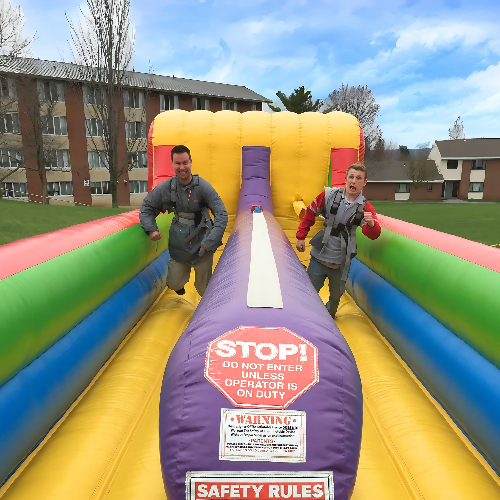 Bungee Run Inflatable viewed from the front as two players race toward the camera