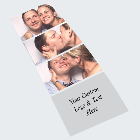 Photo Booth Rental Photo Strip Showing 3 Pictures of Two People and a 4th Picture Slot for a Logo