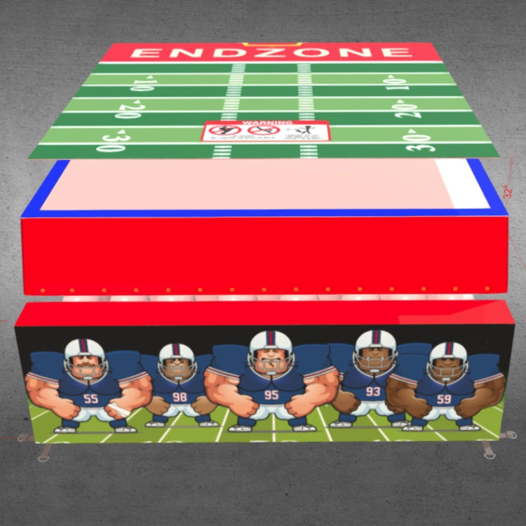 Downward view of the football-themed inflatable showing the field, end zone, and defensive player illustration.  