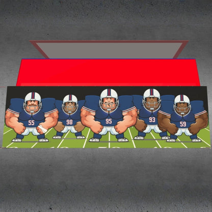 Side panel of inflatable rental featuring illustrated football players in blue uniforms on a sports field.