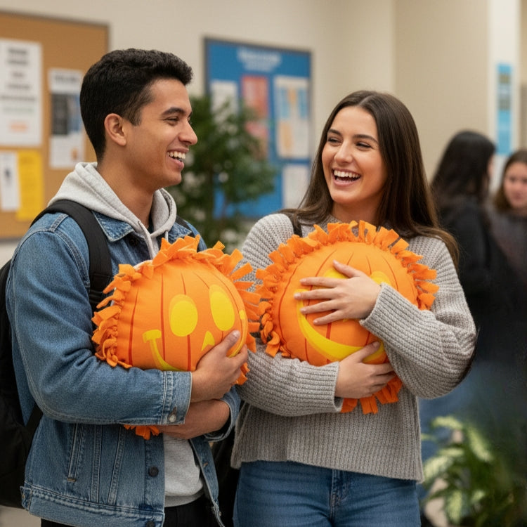 Two College Students Holding Completed Plush Halloween Pumpkin Pillows at an Event