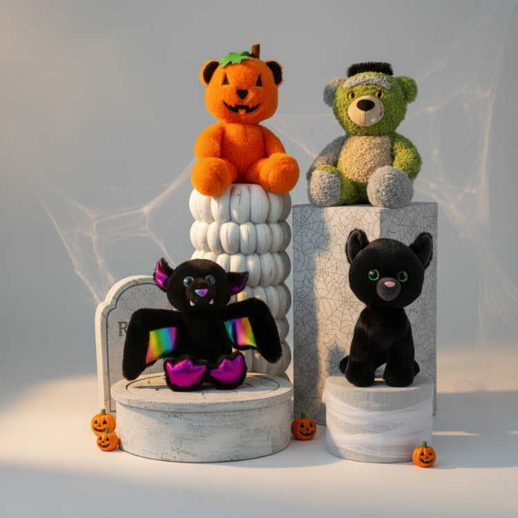 Four Halloween-themed stuffed animals on decorative stands with a spider web background.