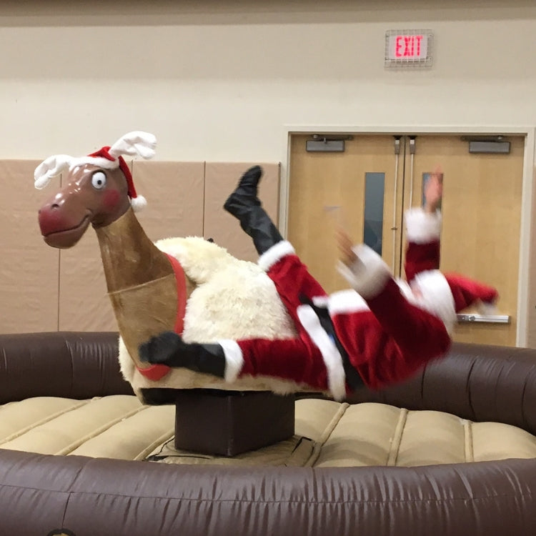 Santa Falling Off Mechanical Reindeer Rental Ride at Event in Buffalo, NY