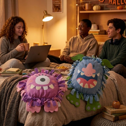 Two fleece-tie plush monster pillows in a cozy dorm room setting.  One is purple with a single large eye and pink fringed edges, and the other is blue with green fringed edges, a pink nose, and a red mouth.
