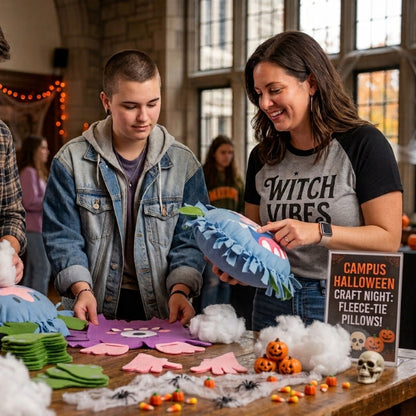 Two people at a college campus Halloween event standing at a craft table making monster-themed fleece-tie pillows.