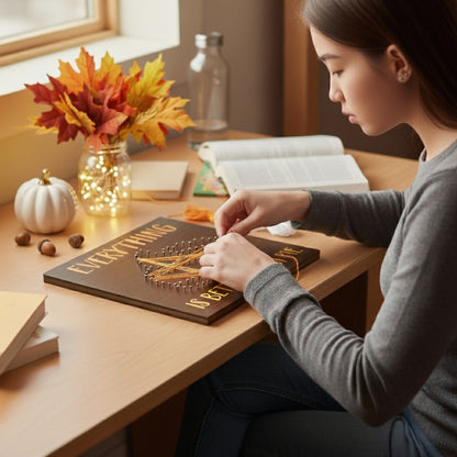 College Student Assembling Fall String Art Craft
