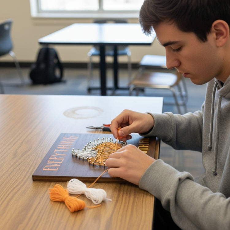 College Student Making String Art Craft