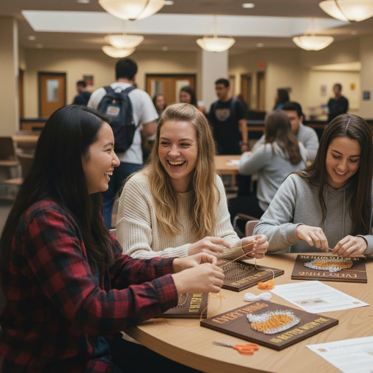 Three College Students Doing A String Art Craft On Campus