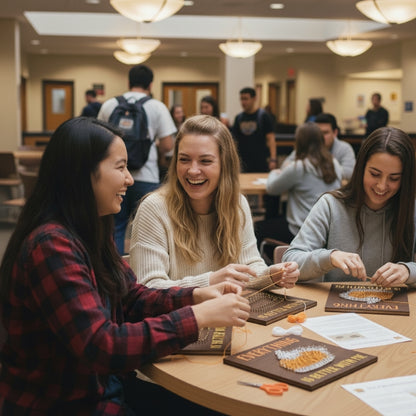 Three College Students Doing A String Art Craft On Campus