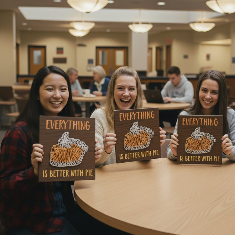Three College Students Displaying Completed Pumpkin Pie String Art Craft