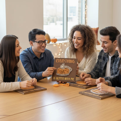 Students Enjoying Pumpkin Pie String Art Craft at College Event