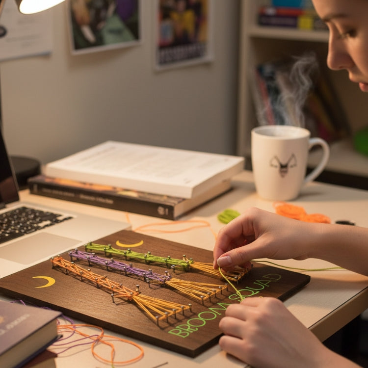 Girl Crafting a Halloween String Art Board in a College Dorm Room