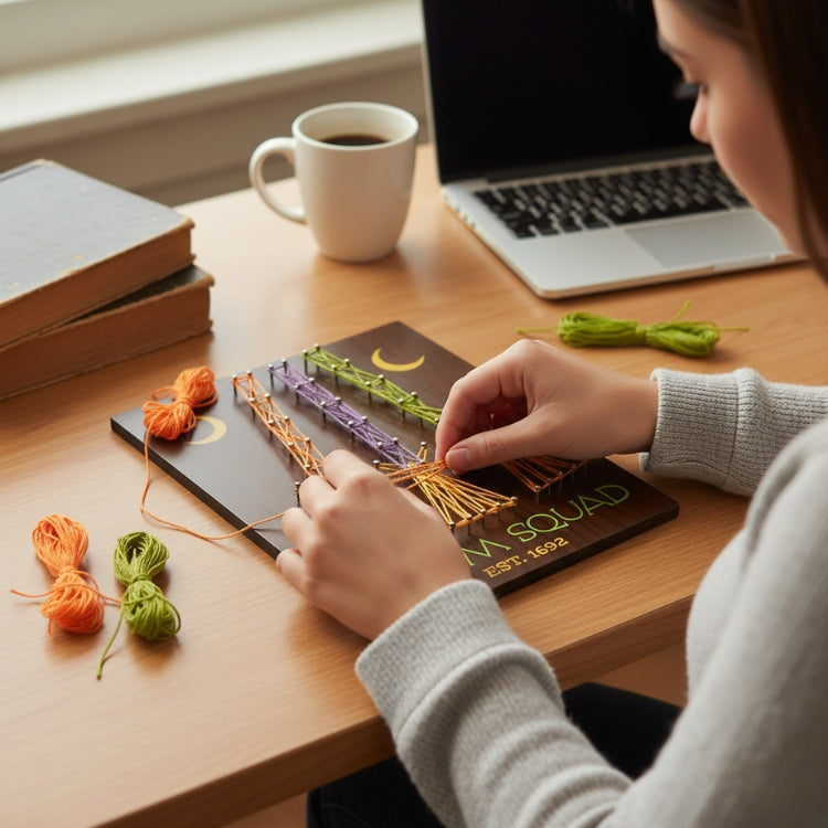 Woman Assembling Halloween DIY String Art Display