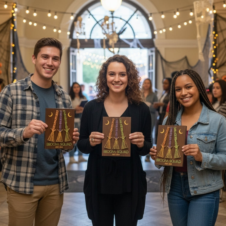 College Students Displaying Their Completed String Art DIY Crafts